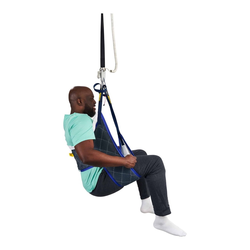 Side view of the quilted hygiene sling, open seat and blue binding