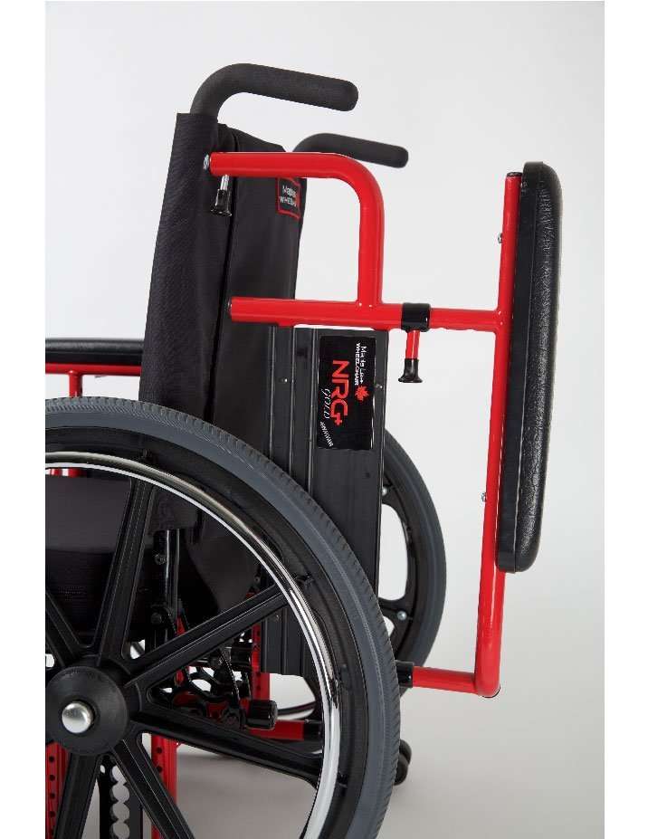 Close view of a flip-back armrest swung up beside the back post