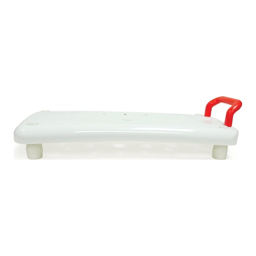 Side view of the bath board, showing the threaded leg and the handle
