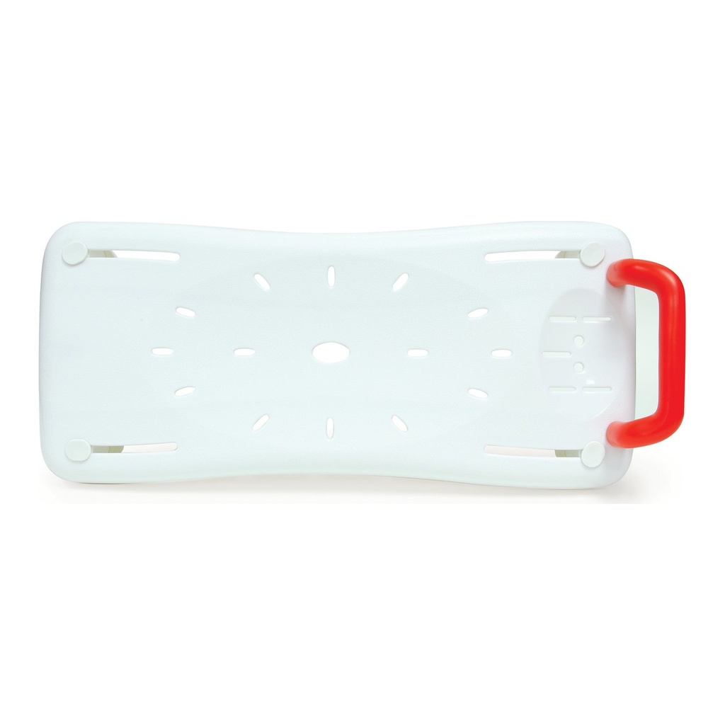 Top view of the white bath board, showing the seat area and drain holes