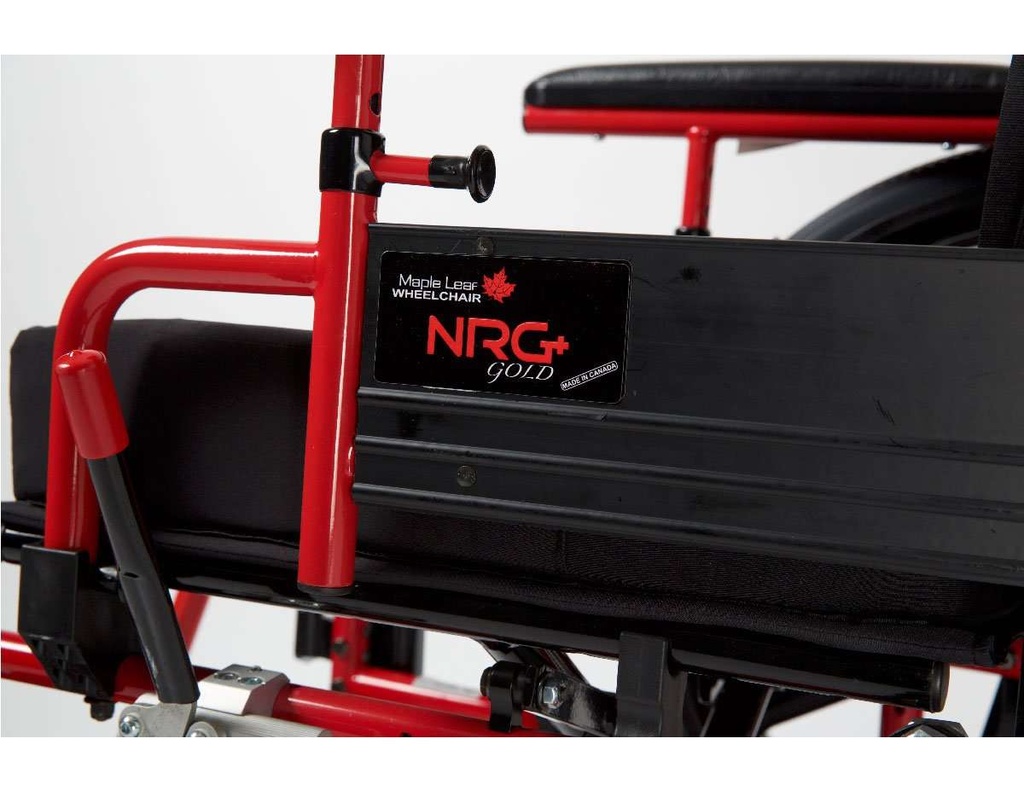 Side panel with the NRG+ Gold badge, an armrest knob and the red wheel lock lever