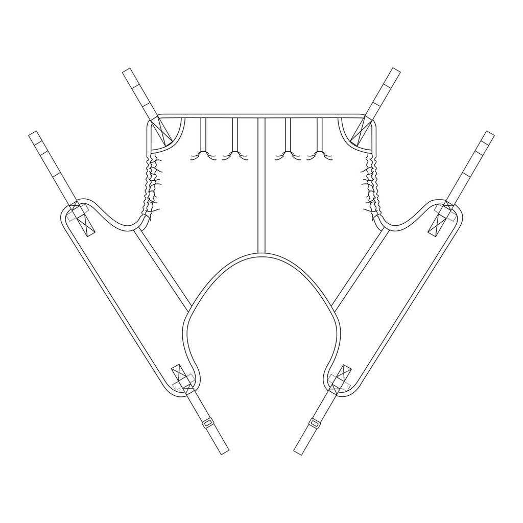 Line drawing of the short-tuck Deluxe Bariatric Sling, with leg paddles and loop straps