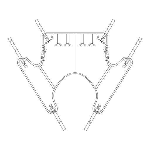 Line drawing of the short-tuck Deluxe Bariatric Sling, with leg paddles and loop straps