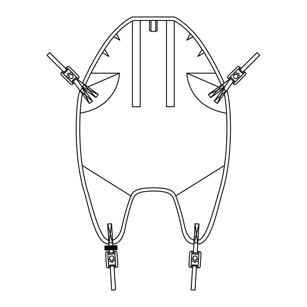 Outline of the In-Situ Amputee clip sling, showing the head end and leg clips