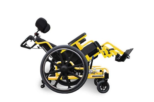 Side view of the STP tilted back with a headrest and the legrests raised, frame painted a custom yellow