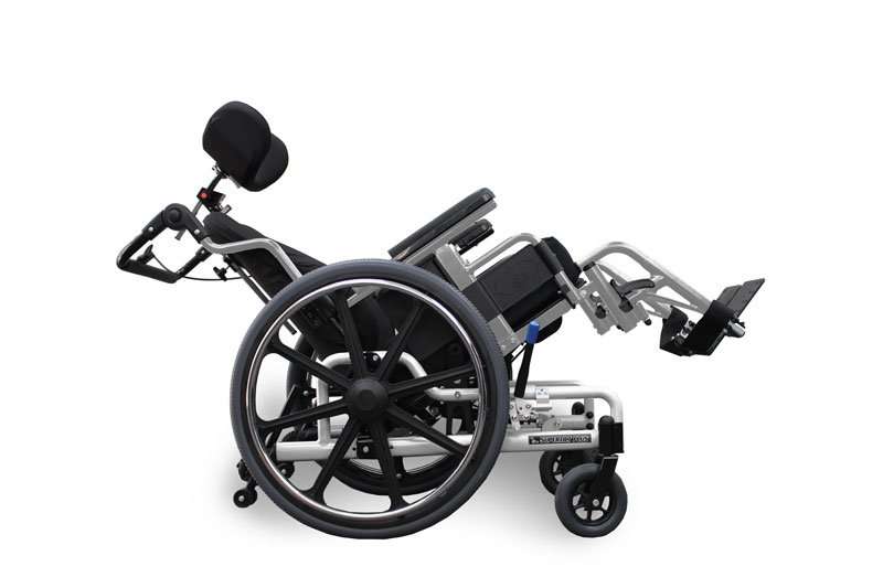 Silver STP frame from the side, seat tilted back and the legrests raised in front