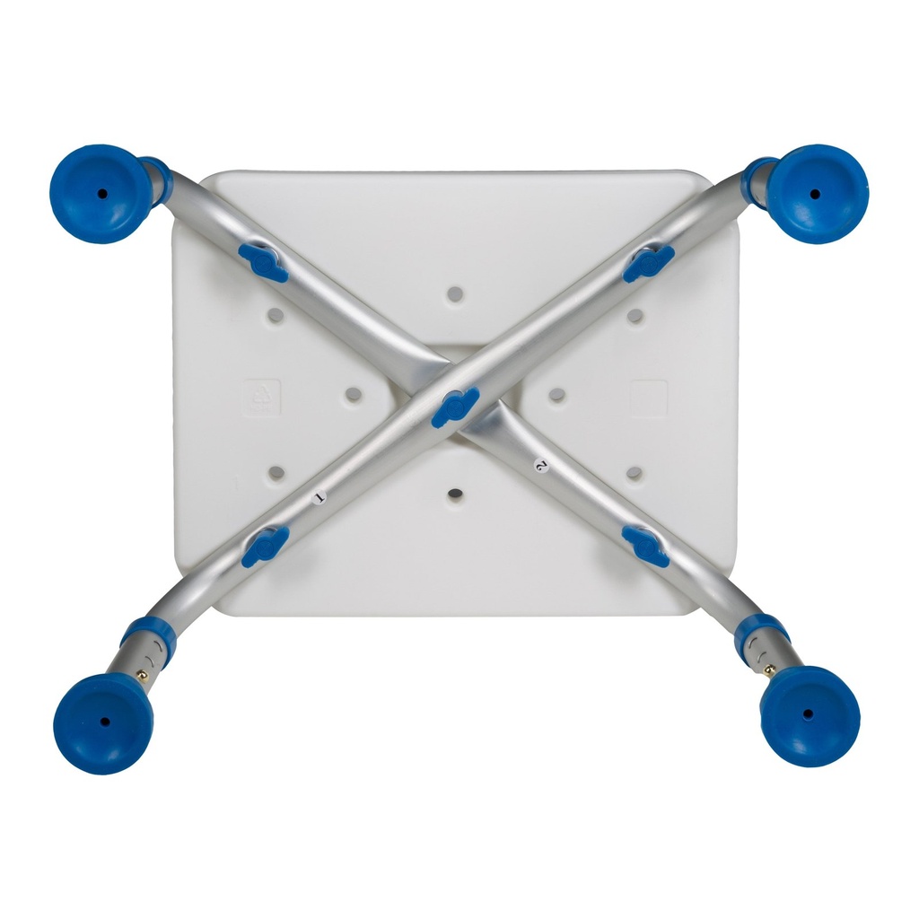 Underside of the bath step showing the crossed frame, the four legs and the screw holes
