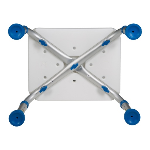 Underside of the bath step showing the crossed frame, the four legs and the screw holes
