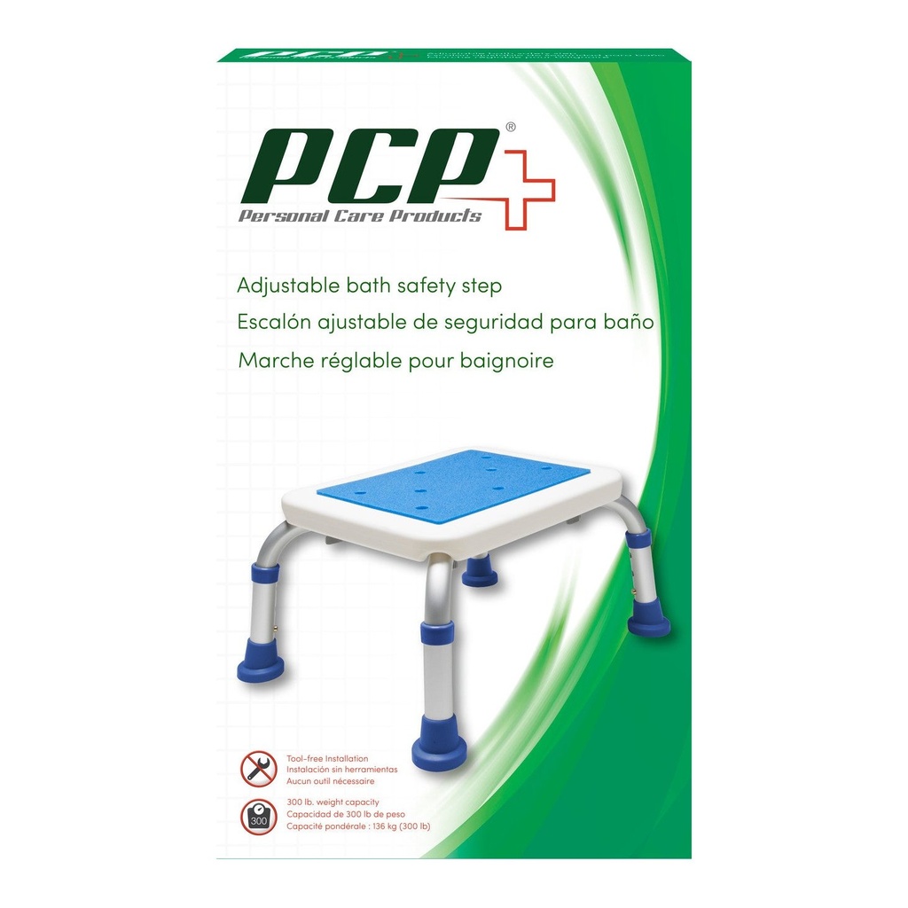 The step's box, printed in English, Spanish and French with the 300 lb capacity icon