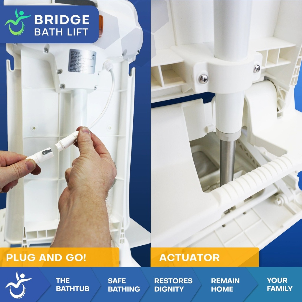 Close-up of the Bridge Bath Lift: a hand pushing the quick-release battery plug home, beside the lift's actuator column
