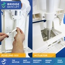 Close-up of the Bridge Bath Lift: a hand pushing the quick-release battery plug home, beside the lift's actuator column
