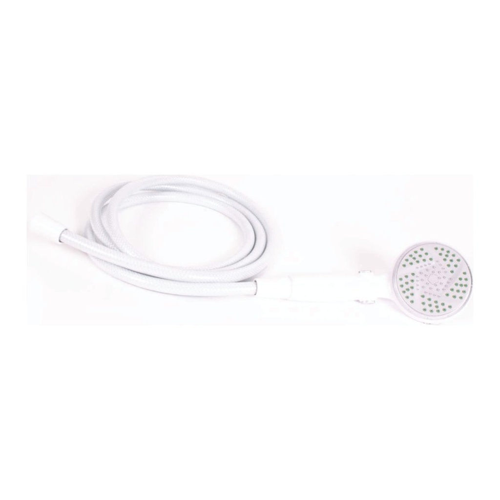 The white reinforced nylon shower hose coiled, with a threaded fitting at each end