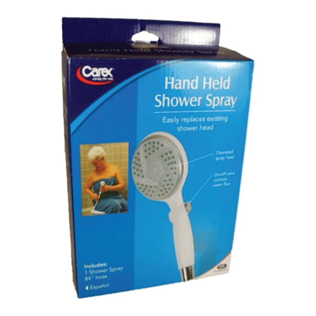 The Carex hand held shower spray retail box, listing the spray and its 84 inch hose