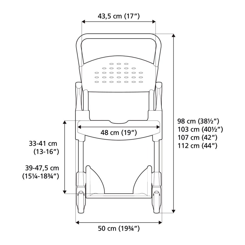 Measured drawing of the Etac Clean from the front, giving its overall width, seat width and seat height