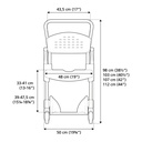 Measured drawing of the Etac Clean from the front, giving its overall width, seat width and seat height