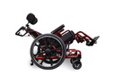 Bright red STP, a custom colour, shown tilted with its headrest and the large rear wheel with handrim