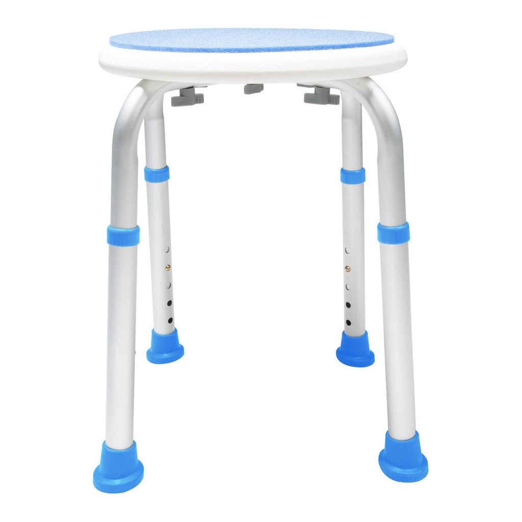 Side view of the round padded bath stool, with the height holes in the legs and the blue collars