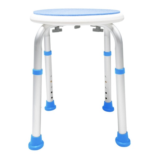Side view of the round padded bath stool, with the height holes in the legs and the blue collars