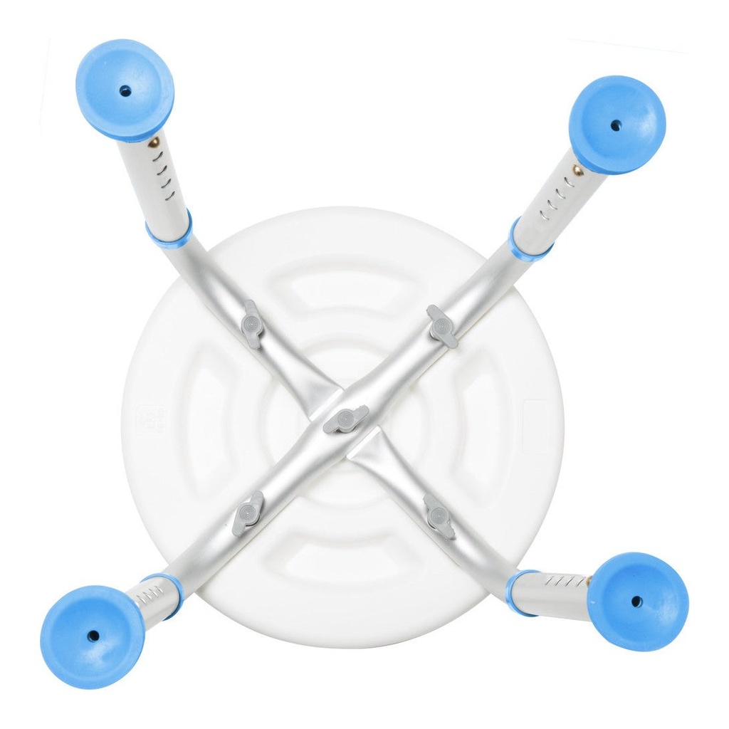 Underside of the bath stool, showing the crossed base bars bolted through the centre and the suction feet