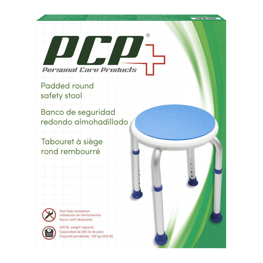 The stool's carton, printed in English, Spanish and French with the tool-free and 300 lb icons