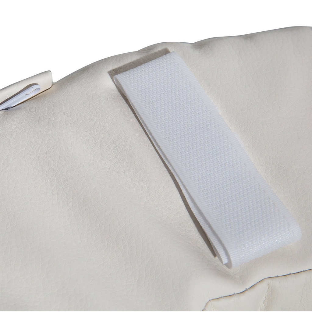 Close view of one hook-and-loop strap and the stitched seam on the cushion's edge