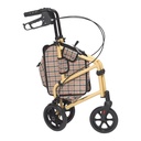 Side view of the tan frame, plaid pouch and one loop-lock handle