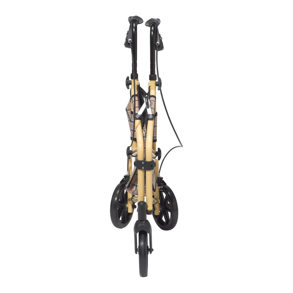 The same rollator folded flat, standing on its three wheels