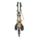 The same rollator folded flat, standing on its three wheels