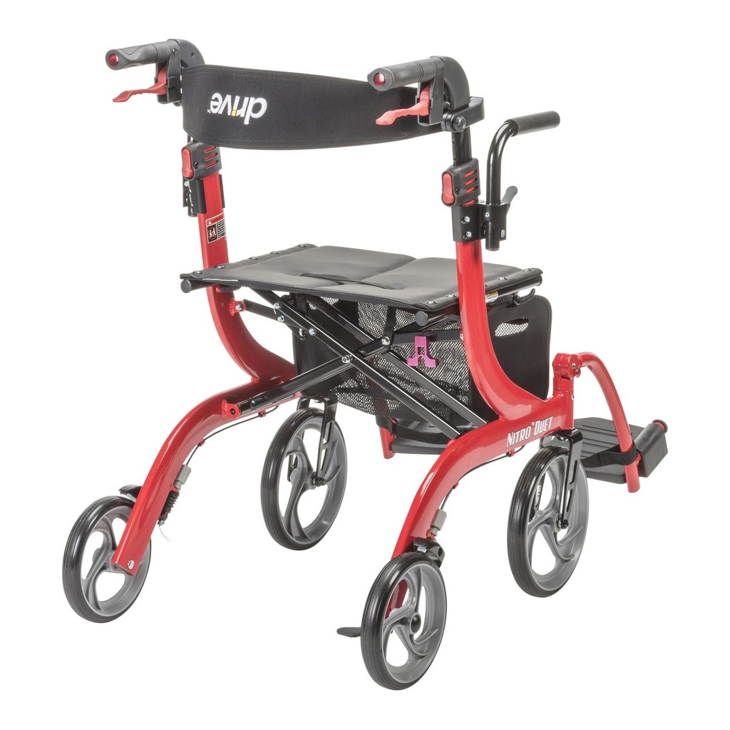Rear three-quarter view of the red Nitro Duet showing the backrest, bag and rear casters