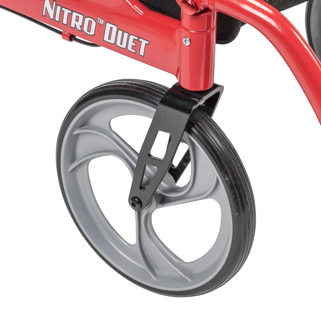 Close-up of a Nitro Duet caster, fork and the red frame badge