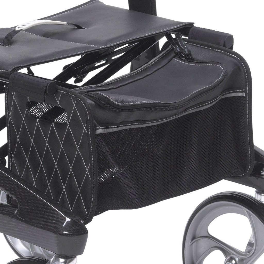 Zippered storage bag under the Nitro Elite CF seat, beside the cane clip
