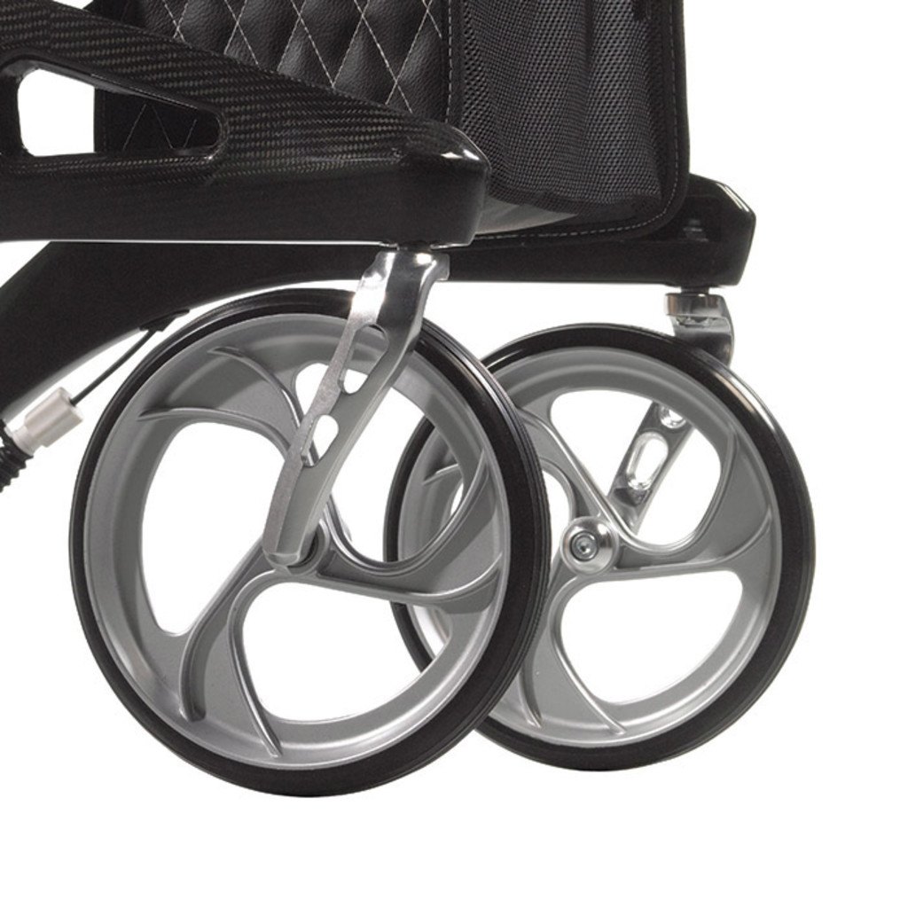 Front and rear casters on the black Nitro Elite CF carbon fiber frame