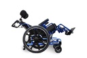 Blue STP frame from the side with the seat tilted back, a headrest and the legrest hangers raised