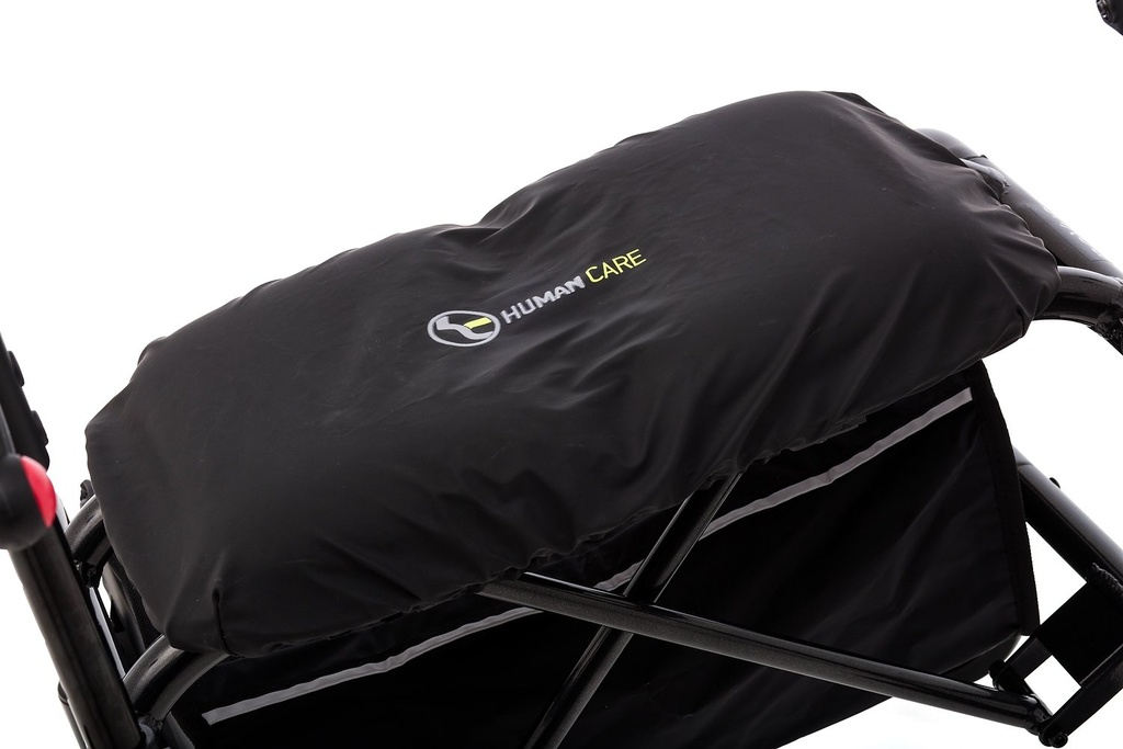 The elastic hem of the neXus seat cover gathered around the rollator seat