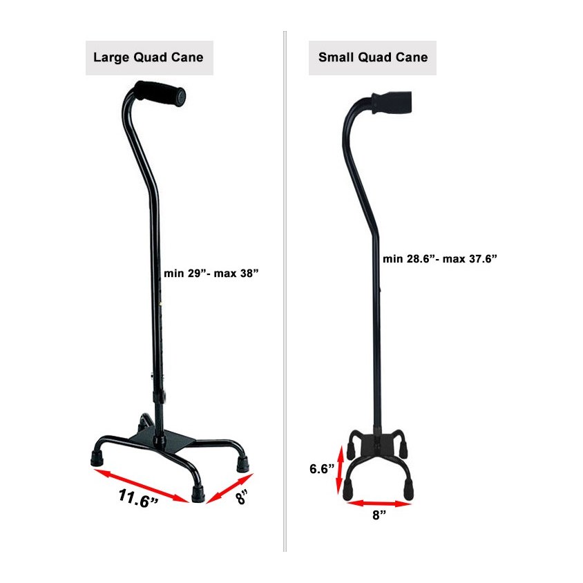 MOBB quad cane measurement diagram showing Small and Large heights and the base widths