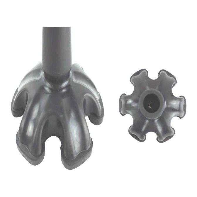 MOBB quad cane tip MHQCT34 in dark grey, shown fitted on the tube and from its four-point base