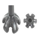 MOBB quad cane tip MHQCT34 in dark grey, shown fitted on the tube and from its four-point base