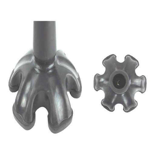 MOBB quad cane tip MHQCT34 in dark grey, shown fitted on the tube and from its four-point base