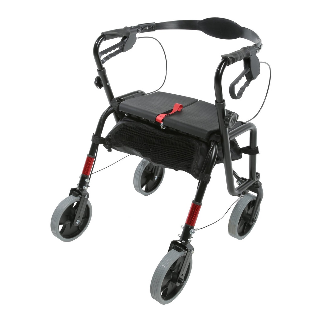 Four wheel rollator seen from the front left, showing its mesh bag and loop brake handles