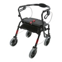 Four wheel rollator seen from the front left, showing its mesh bag and loop brake handles