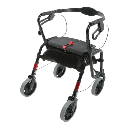 Four wheel rollator seen from the front left, showing its mesh bag and loop brake handles