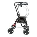Side profile of the folding rollator with its seat down and the rear cable brakes showing