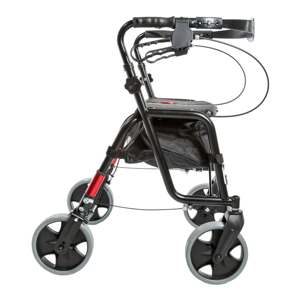 Right side view of the rollator with its mesh bag hanging beneath the seat