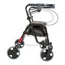 Right side view of the rollator with its mesh bag hanging beneath the seat
