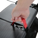 Red strap lifting the rollator seat to reach the mesh bag stored underneath it