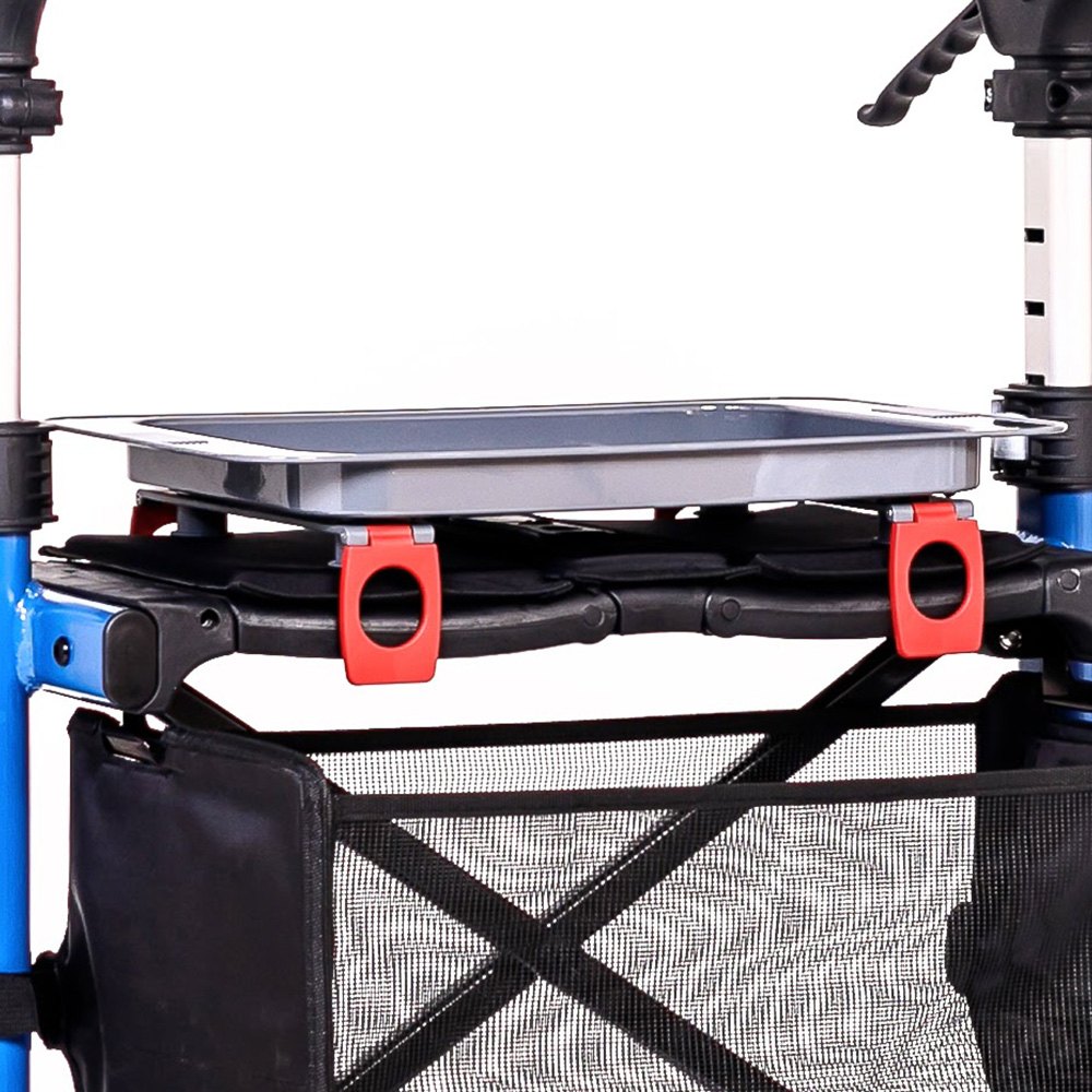 The Triumph Escape Serving Tray clipped across the frame of a blue rollator