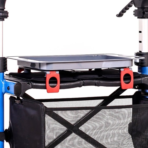 The Triumph Escape Serving Tray clipped across the frame of a blue rollator