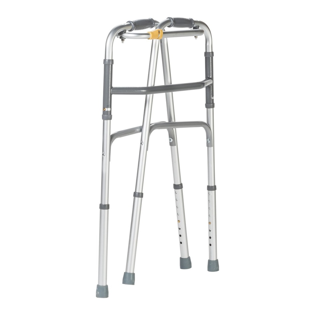 Front of the silver adult walker, yellow button on the crossbar and four grey tips