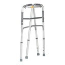 Front of the silver adult walker, yellow button on the crossbar and four grey tips