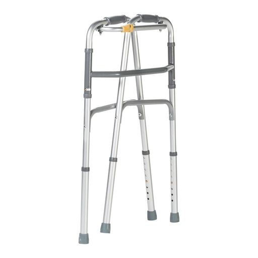 Front of the silver adult walker, yellow button on the crossbar and four grey tips